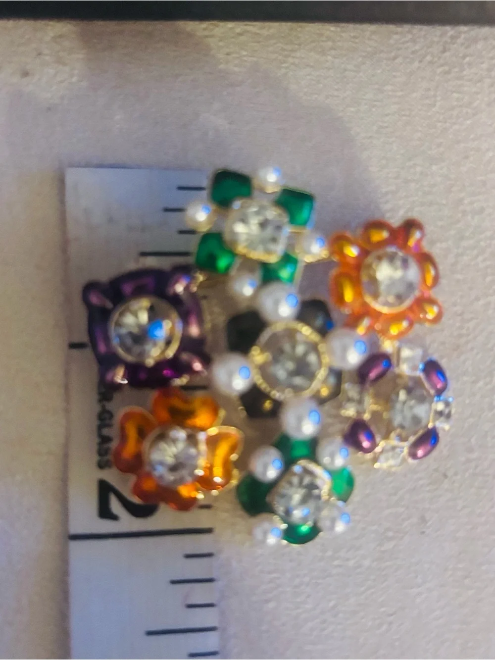 Multicolor Floral Crystal & Pearl Brooch - Green, Orange, Purple Accents